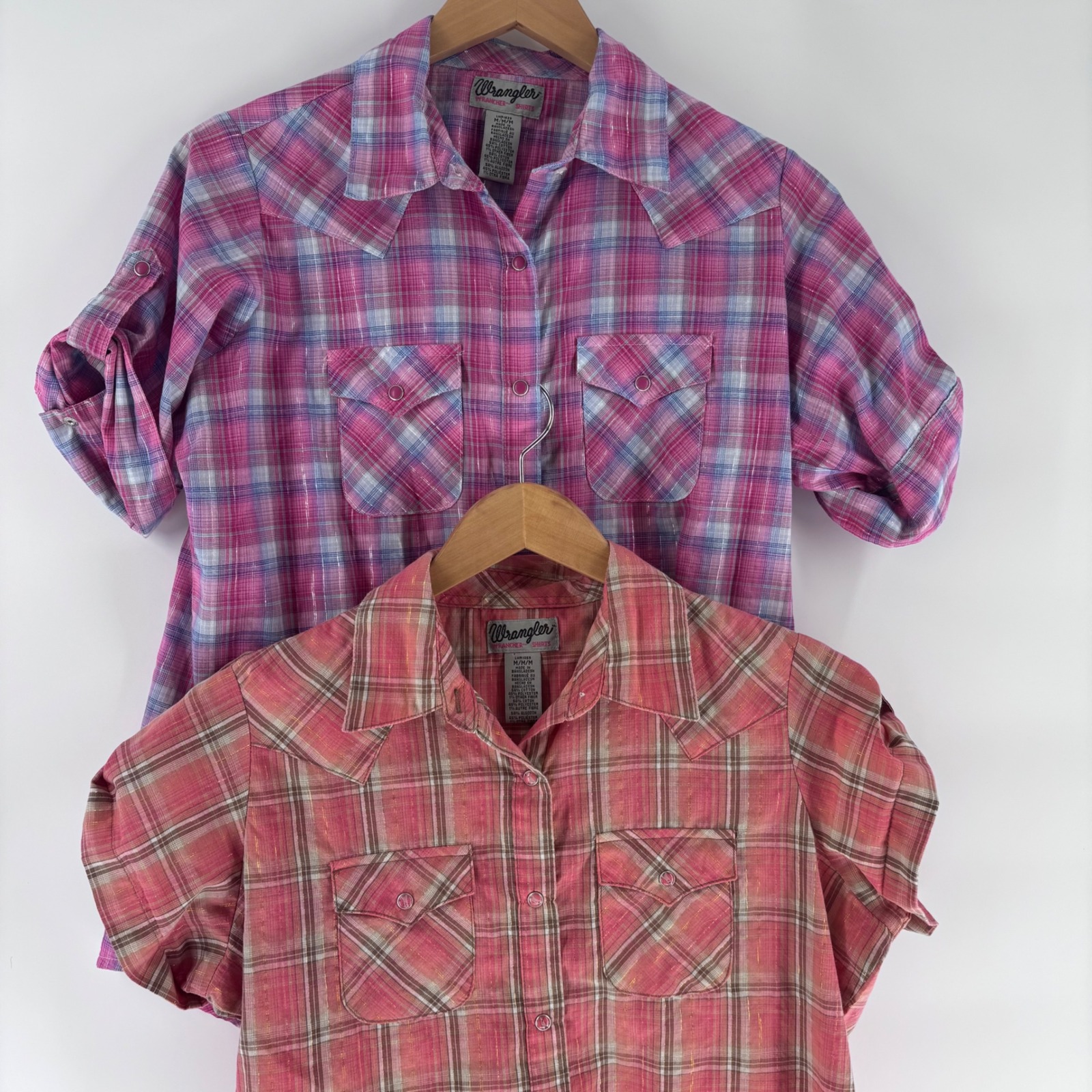 Wrangler Western Snap Shirt Womens M Pink Coral Plaid Metallic Lurex Lot Of 2